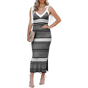 Saodimallsu Womens Summer Midi Bodycon Sweater Dress Sexy V Neck Tie Shoulder Striped Knit Side Slit Sleeveless Tank Dresses
