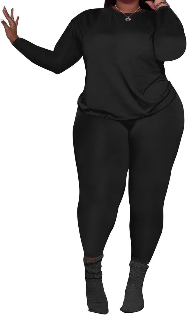PINSV Women's Plus Size 2 Piece Outfits Tracksuits Long Sleeve Top Pants Sets Sweatsuit (XX-Large Plus, Black)