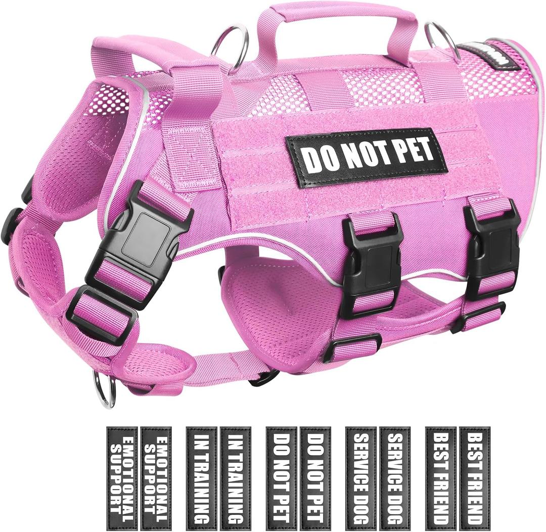 WINSEE Mesh Dog Harness with 10 Pet Patches for Medium Service Dog in Training, Breathable Tactical Molle Vest with Double Handle, Reflective Military Pet Vest for Walking Hiking