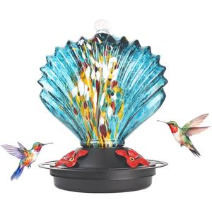 Seashell Shaped Hummingbird Feeder for OutdoorsHand Blown Glass Hummingbird Feeders for Outdoors Hanging with 4 Feeding Ports14 OZ Leak Proof Bird Feeder- Garden Decor Gifts for WomenBlue
