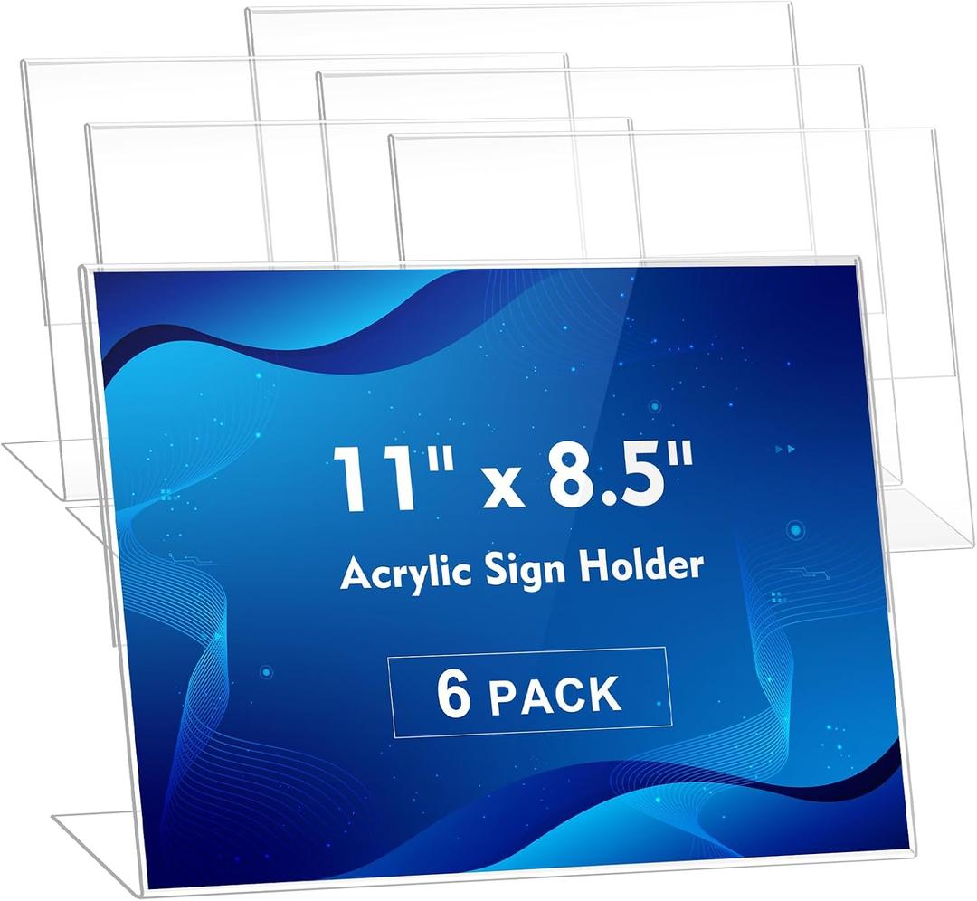 Comix Acrylic Sign Holder 11x8.5 Inches, 6 Pack L Shape Table Paper Stand | Clear Slanted Black Plastic Display Stand, Vertical Menu Flyer Holder for Cafe, Restaurants, Store Fair, Office, Wedding