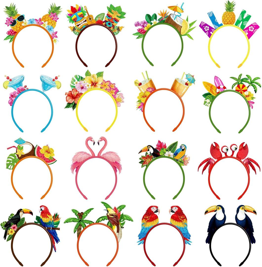 Capoda 16 Pcs Hawaiian Party Headband Felt Luau Head Boppers Tiki Aloha Boppers for Tropical Summer Beach Party Favors Supplies