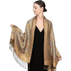 Achillea Reversible Paisley Pashmina Rave Scarf Exotic Indian Shawls and Wraps for Evening Dresses, Festivals, All Seasons (Grey Bronze), ONE SIZE