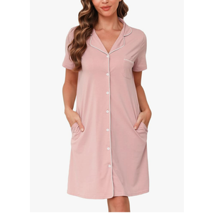 Vlazom Women's Nightgowns Short Sleeve Sleep Shirts Nightshirt V Neck Button Down Pajama Sleepwear M