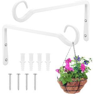 2 Pack Plant Hanger Bracket, 10 Inch Plant Hangers Outdoor, Metal Decorative Plant Wall Hooks for Hanging Plants, Bird Feeder, Flower Basket, Wind Chimes, Lantern, Indoor Outdoor (White)