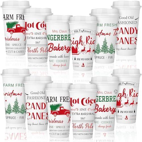Tioncy Hot Chocolate Bar Supplies Christmas Reusable Coffee Cups Gift 16 oz with Lids Plastic Cups Travel Coffee Mug Thank You Gifts for Winter(12 Pcs,Hot Cocoa,2.3×3.5×6.3 Inches)