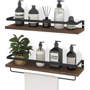 Floating Shelves for Wall, Bathroom Shelves with Towel Bar, Wall Mounted Storage Shelves for Kitchen, Bathroom, Set of 2 Brown