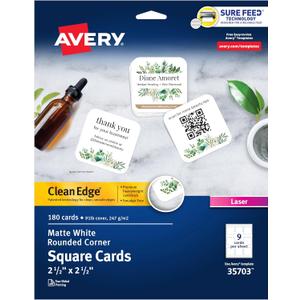 Avery Clean Edge Printable Square Cards with Sure Feed Technology, Rounded Corners, 2.5" x 2.5", White, 180 Blank Cards for Laser Printers (35703)