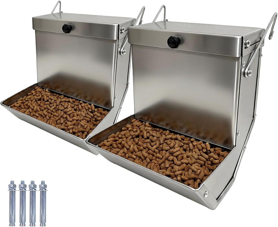 Rabbits Feeder 2 Pcs - Gravity Feeding for Cage Stainless Steel 4Lbs 6.2 Inch, Anti-Corrosion Durable with Sliding Lid for Pet Small Animal Indoor Outdoor Use, Holds Several Days' Food
