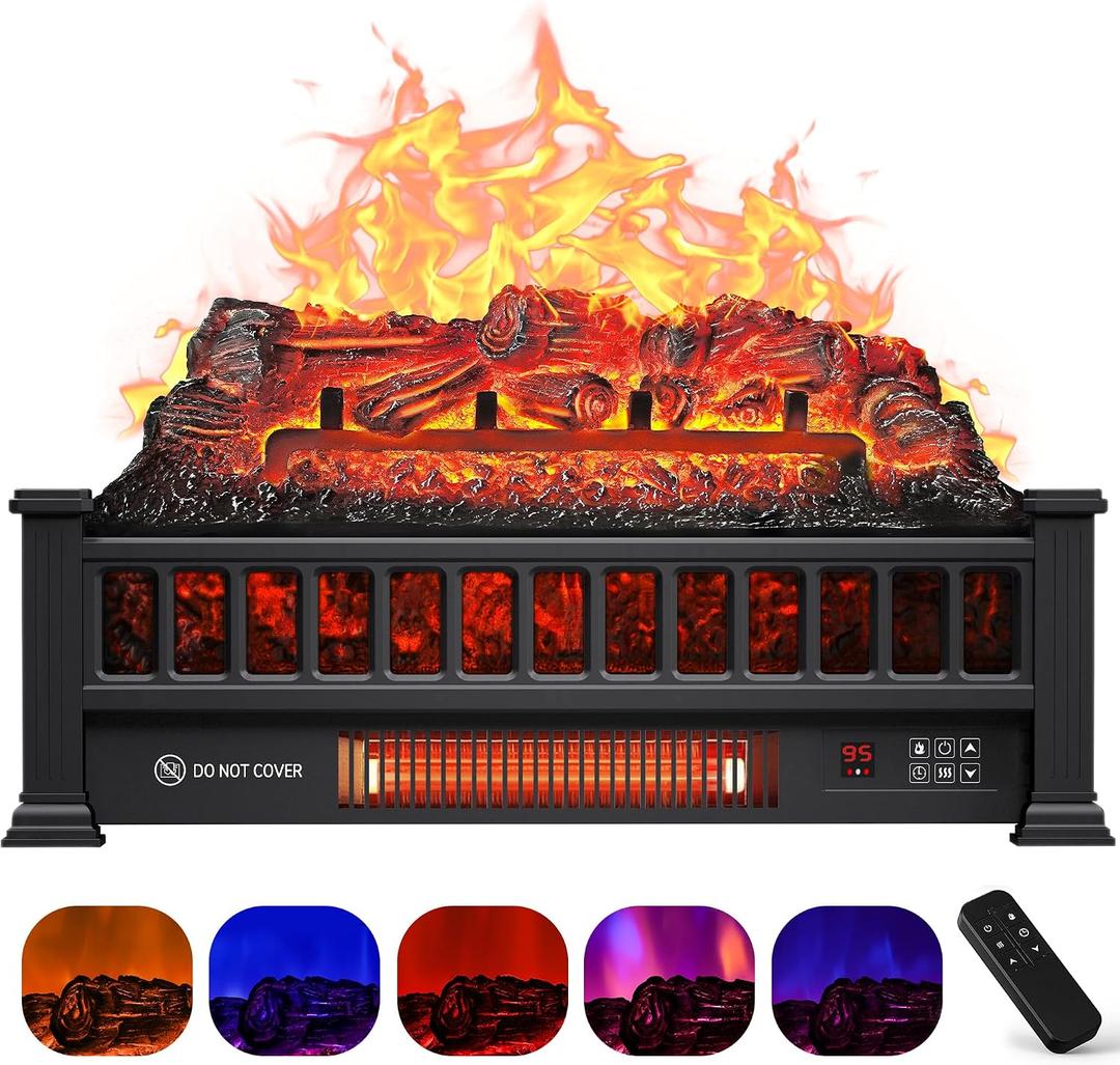 Riseon Electric Fireplace Logs Inserts Heater 20-Inch, Remote Controller Fireplace Heater, Adjustable Flame Colors, Realistic Fake firewood Flame, Overheat Protection, Timer, Thermostat, 1500W Black