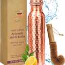 Alpha Living Home Copper Water Bottle 32 Oz Extra Large, Real Copper Water Bottle, Pure Drinking Bottle, Hammered Ayurvedic Bottle for Drinking Water, Leak Proof Vessel Cap with Cleaning Brush
