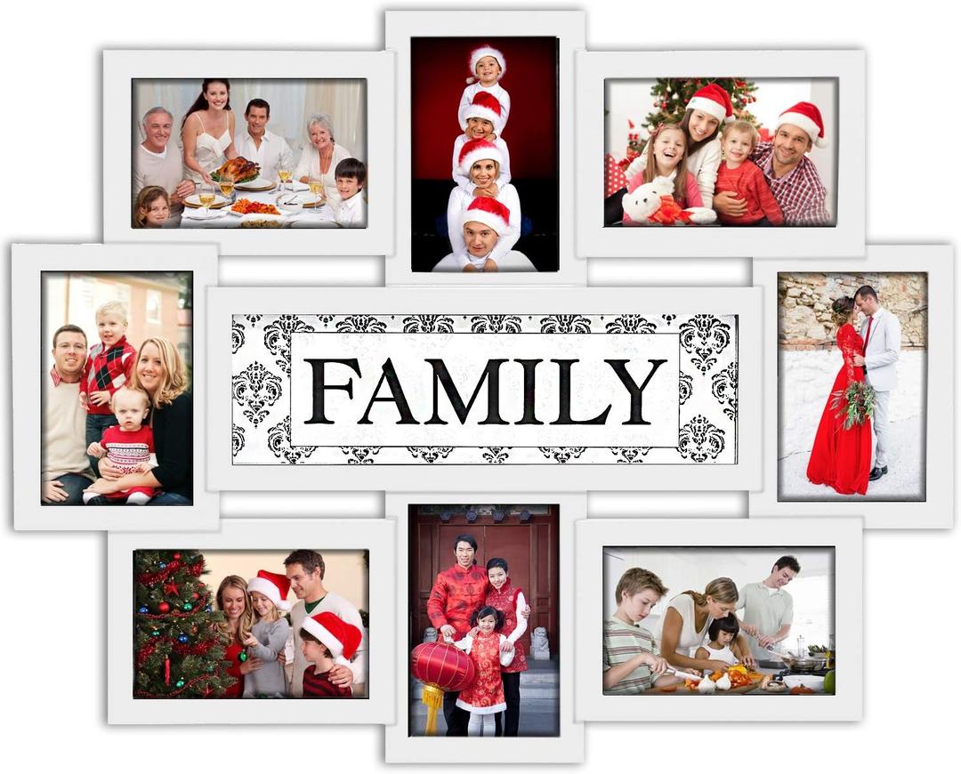 Jerry & Maggie Family Photo Frame 22x17, PVC Picture Frames Collage Wall Decor 9 Opening Wall Hanging For 6x4 Photos 8 Pack, No-Assembly 3D Design Waterproof Memorial Keepsake, White