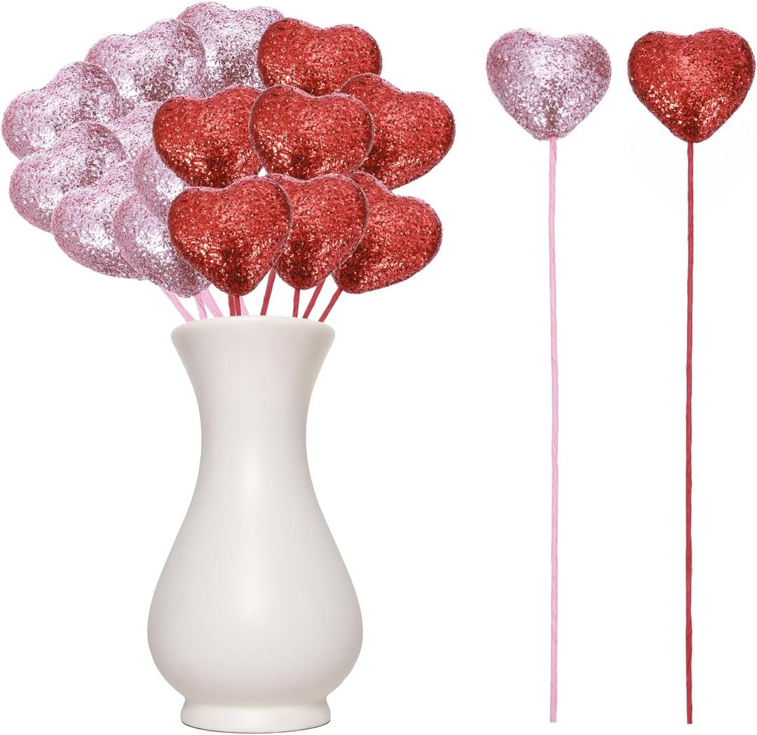 MECCANIXITY 24 Pcs Glitter Heart Shaped Picks Puffy Foam Hearts Floral Sparkly Stick for Valentine's Day Wedding Decor Home Vase Supplies Flower Arrangements Crafts (Red/Pink, 4cm x 22cm)