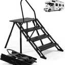RV Steps Foldable, Aluminum Portable 4 Step Camper Steps with Handrail Adjustable Height with Non Slip Feets for 5th Wheel RV, Travel Trailer, Home, Camper, Spa, Hot Tub Steps, and Porch