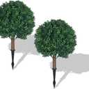 Tuenort Artificial Cypress Topiary Outdoor Plants with Spike, Faux Boxwood Bush Plants, UV Resistant Faux Greenery for Garden, Porch, Balcony (2 Pack)