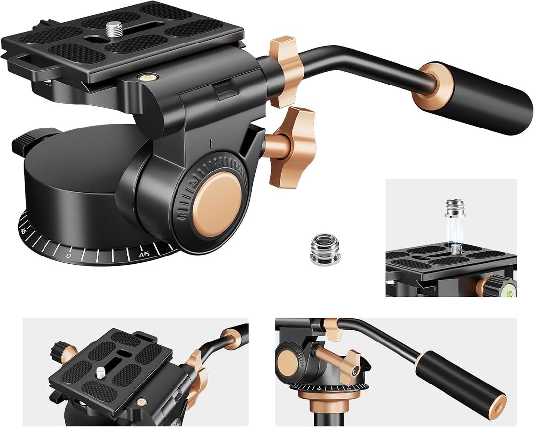 Soonpho Q-08S Heavy Duty Video Camera Tripod Fluid Drag Pan Head with Extended Handle for DSLR Camera,Camcorders,1/4 & 3/8 inch Screw Sliding Plate 360 Degree Rotating Tripod Head