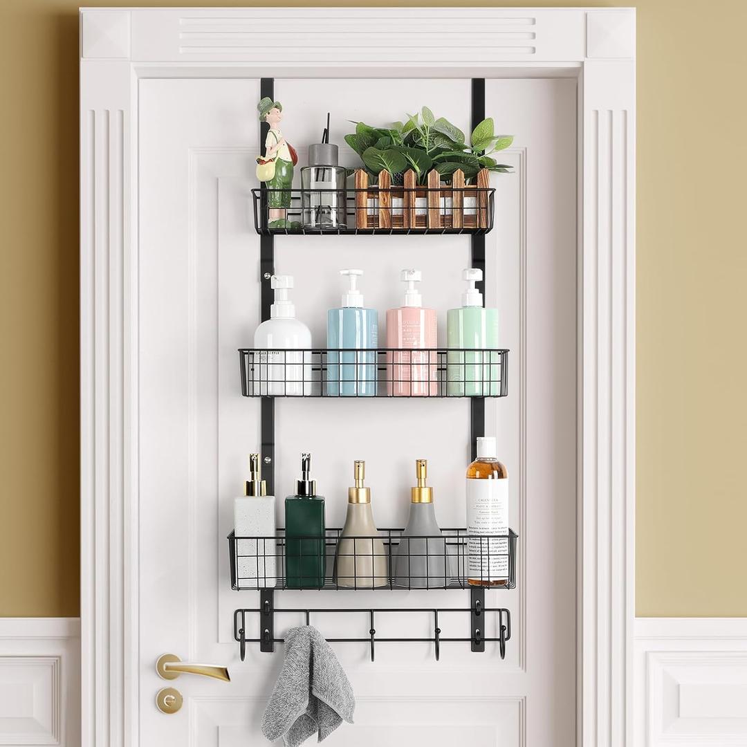 Over the Door Pantry Organizer 3 Tier Hanging Basket Back Door Storage Rack Shelf Metal Over the Door Shelves with 3 Baskets and 5 Hooks for Bathroom Kitchen Pantry Bedroom, Black