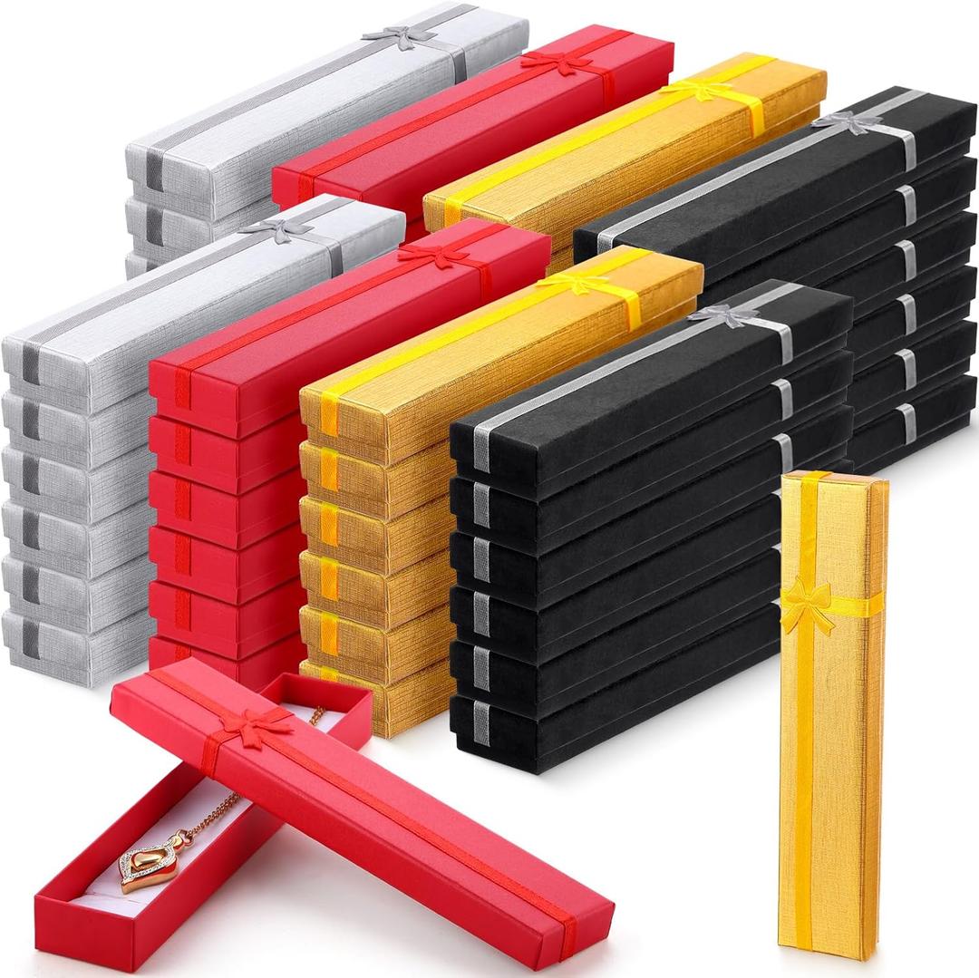 Remuuly 48 Pcs Jewelry Gift Boxes Bulk Cardboard Necklace Gifts Box with Bow Paper Empty Bracelet Gift Box with Lid for Mother's Day Anniversary Wedding, 7.9 x 1.6 x 0.9 Inch, 4 Colors