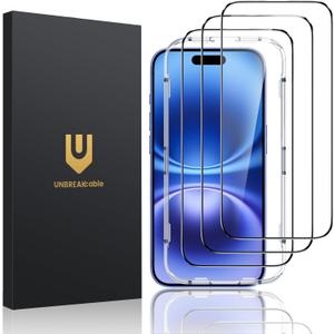 UNBREAKcable 3-Pack Screen Protector for iPhone 16/15, Shatterproof Tempered Glass [Easy Installation Frame] [99.99% HD Clear] [Case Friendly] [9H Hardness] [Full Coverage] for Apple 6.1 inch