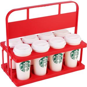 Reusable Drink Carrier with Handle for Doordash, Eats, Grubhub, Portable 8 Cup/Coffee Holder Accessories for Delivery, Foldable Drinks Caddy with Tray, Car Durable Plastic Festive Bottle, Vacation (Red)