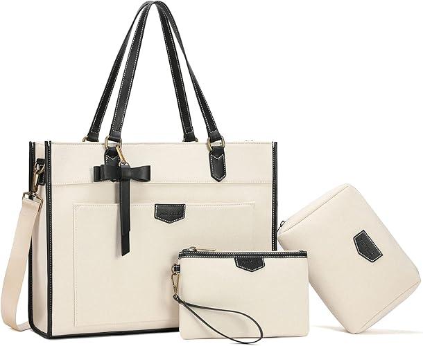 Keyli 3pcs Laptop Bag for Women,15.6 Inch Canvas Tote Bag Work Bags Large Business Computer Briefcase Shoulder Handbag Purse, Color: White_3pcs