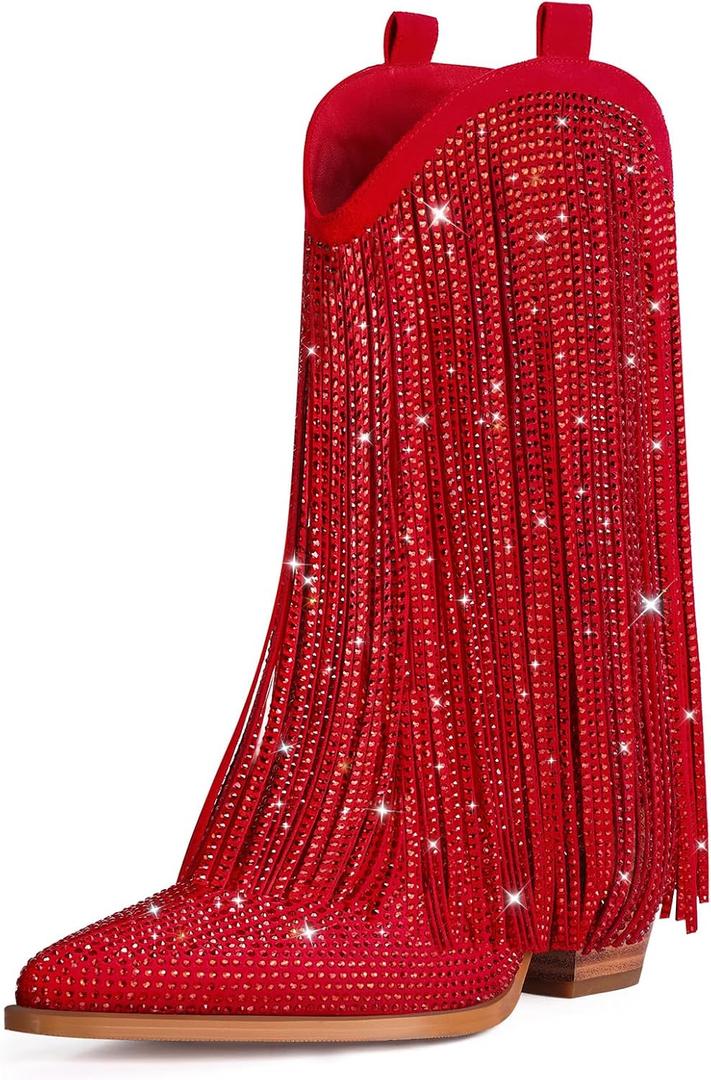 Ouepiano Cowboy Boots for Women - Cowgirl Rhinestone Boots with Sparkly Fringe Pointed Toe Western Boot Chunky Heel Pull-On Wide Calf Botas Vaqueras (9, Red)
