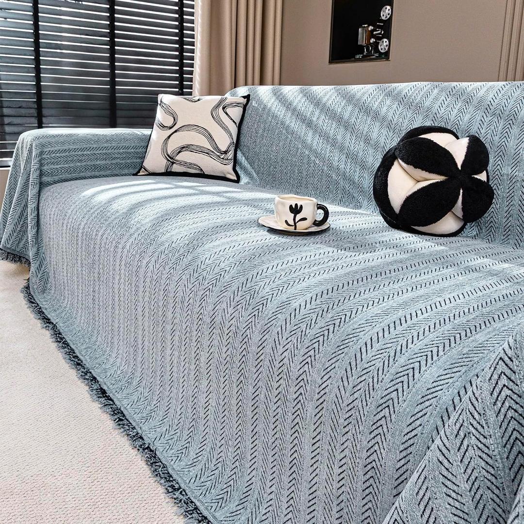 Nobildonna Chenille Couch Cover for Sofa Cover Washable Pet Scratch Couch Covers Tassel Sofa Slipcover for 3 Cushion Couch,Furniture Protector Blanket for Living Room,Dusty Blue 71"x134"