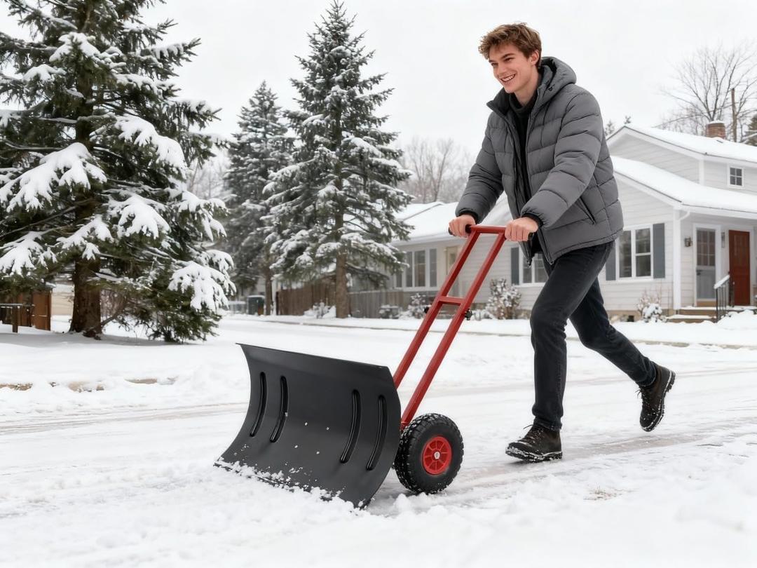 Garvee 29" Snow Pusher Shovel with Wheels,Heavy Duty Steel Snow Shovel with Wheels,Angled Blade Efficient Snow Removal With5-Position Angled Blade & Adjustable Handle for Doorway, Sidewalk, Black&Red