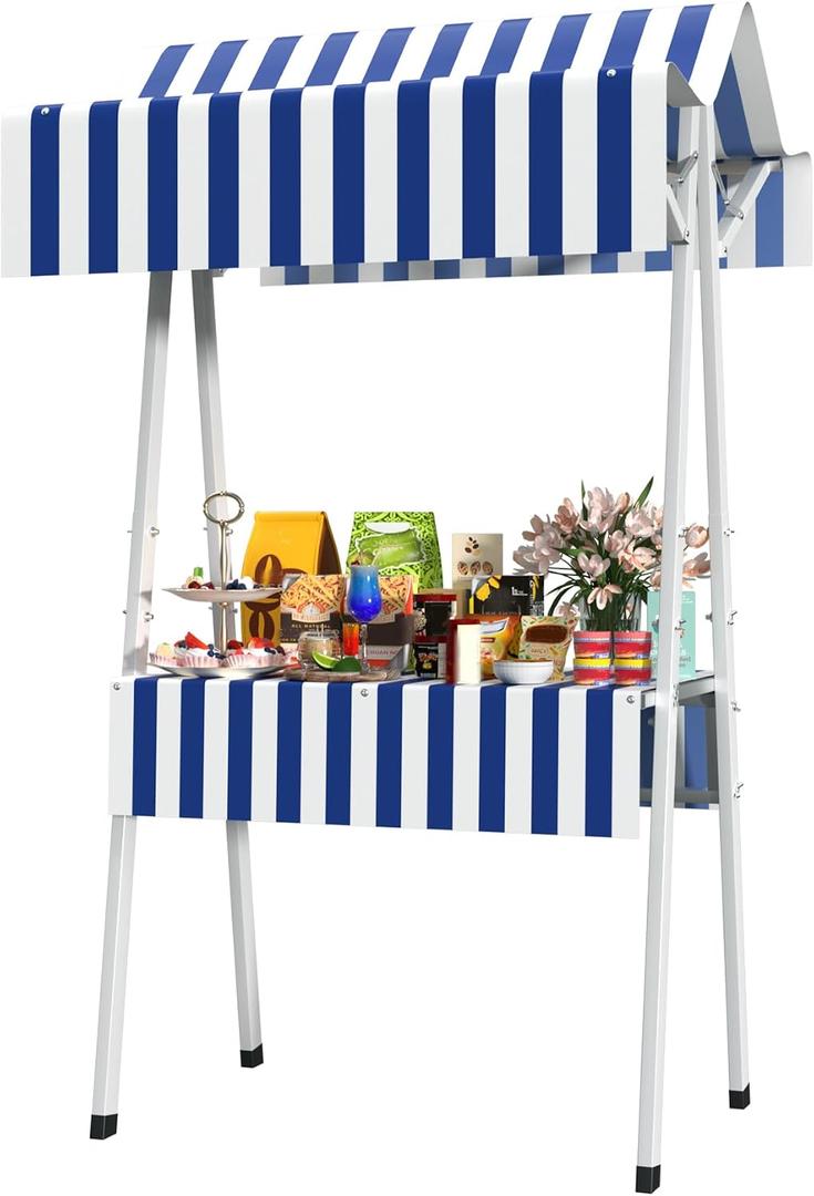 Outdoor Vendor Cart, 43.30in Foldable Metal Market Stall Display Stand with Canopy, Portable Multi-Purpose Floor Wagon for Retail Kiosks Events Festivals Farmers Markets Trade Shows, Blue