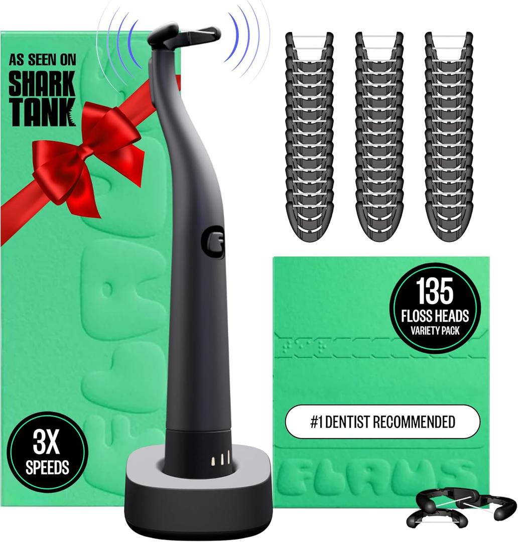 FLAUS Electric Flosser (Oprah's List, Shark Tank) 3 Speeds + 135 Refill Heads Variety Pack (Extra Strong Woven & Gentle Gliding) Water Flosser Alternative, Dentist Tooth Flossers Dental Floss Picks