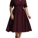 HICISI Women's Plus Size Midi Dress Short Sleeve V Neck Smocked Flowy A-Line Boho Wedding Party Dresses Burgundy, Size 2XL