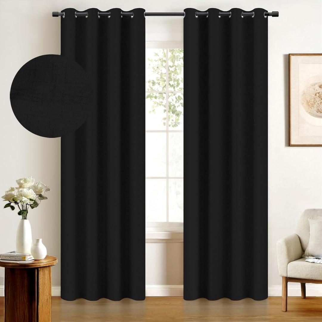 100% Blackout Shield Linen Blackout Curtains for Bedroom, Thermal Insulated Curtains 63 Inch Length 2 Panels Set, Grommet Drapes for Living Room, Black  2 Pcs 84x50