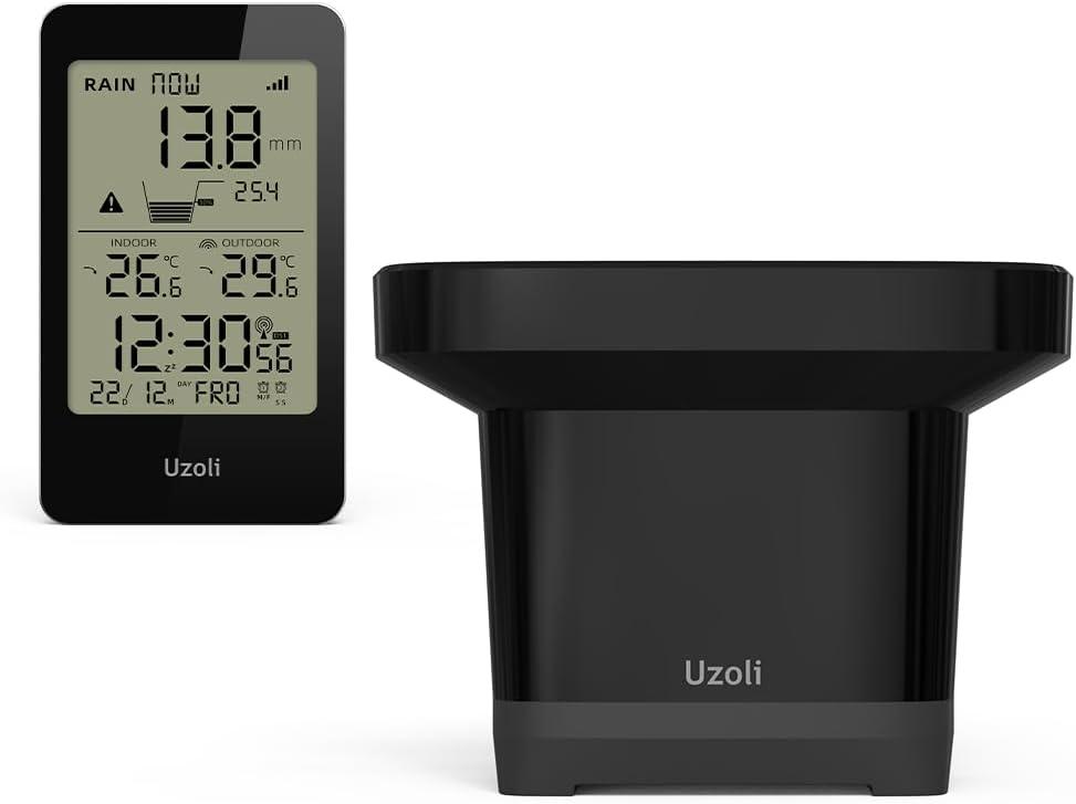 uzoli EM3356E Wireless Rain Gauge Outdoor, Digital Rain Gauges with Self-Emptying Collector, Thermometer, Customizable Alerts, Atomic Clock, Rainfall History for Yard, Garden, Outdoor Use