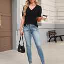 LOMON Womens Sweaters Puff Short Sleeve Lightweight Knit Summer Fall Tops Dressy V-Neck Work Blouses Business Casual Outfits (Black, S)