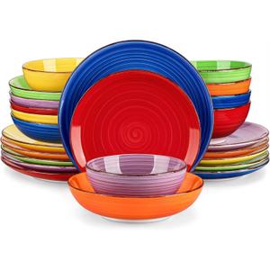Vancasso Bonita Dinnerware Sets, 24 Pieces Multicolor Stoneware Dinner Set for 6, Handpainted Spirals Pattern Ceramic Plates and Bowls Sets Kitchen Plate Set