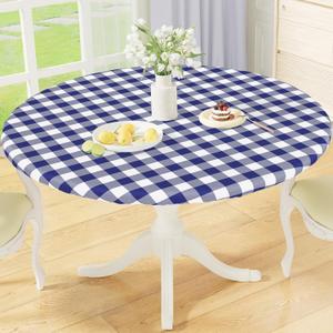misaya Round Fitted Tablecloth with Elastic Edge, Buffalo Plaid Waterproof Vinyl Flannel Backed Table Cloth Cover Fits 36"-44" Round Tables for Dinner, Outdoor, Picnic, Navy White Check