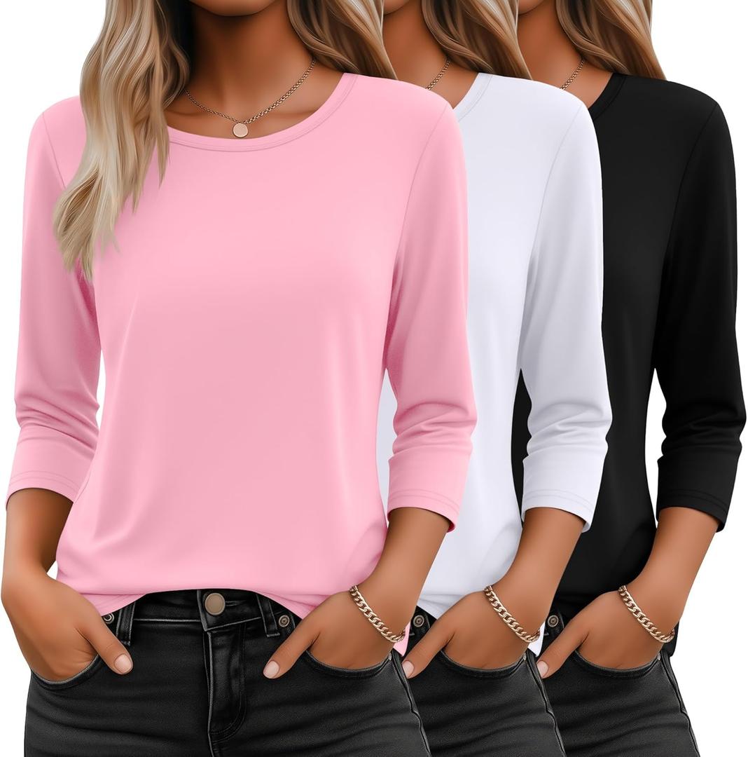 Ficerd 3 Pack 3/4 Sleeve Tops for Women Round Neck Dressy Basics Tees Casual Trendy Loose Fit T Shirts (Medium)
