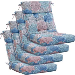 Barydat 4 Pcs Tufted High Back Chair Cushion Indoor Outdoor Seat and Back Cushions Palm Leaves Tropical Plants Lawn Rocking Chair Pads with Ties for Adirondack Patio Garden(Blue Flower), 43.4 X 21 X 3.3 Inches