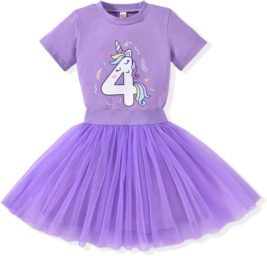 4th Birthday Outfit Girl,4 Year Old Fourth Four Shirt Skirt Outfit for Toddler Girls (Purple, 110)