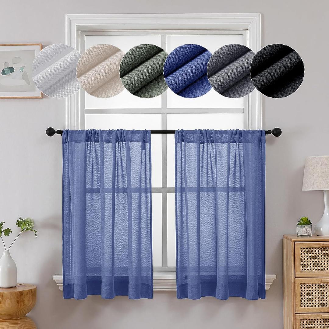 Lecloud Serena Semi-Sheer Blue Curtain Tiers 36 Inch Long, Kitchen Curtain for Windows, Short Cafe Curtains with Rod Pocket for Bedroom/Living Room (Each 40 W x 36 L, 2 Panels Set, Blue)
