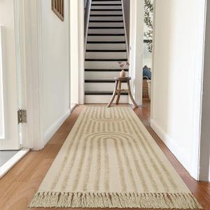 LEEVAN Washable Hallway Runner Rug 2.6'x8', Boho Rainbow Rug Runner, Hand-Woven Entryway Rug with Tassels, Farmhouse Bathroom Rug, Cotton Tufted Rugs for Bedroom, Long Carpet Sink Foyer(Tan)