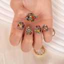 LOVFUL Press on Nails Rainbow Luxe | Handmade with Full Covered Crystals | Reusable Full Cover Nails | Square Short 0.8 in | K21(YH482)-M