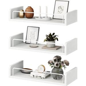 Floating Shelves for Wall, Floating Shelves for Bedroom Kitchen Decor, Wall Mounted Rustic Farmhouse Wood Shelf for Books, Plants, Set of 3 (White) (15.74 inches L x 6.7 inches W x 6.4 inches H)