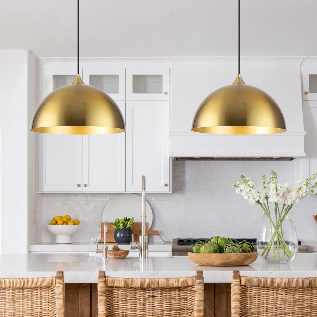 Gold Pendant Lights Kitchen Island 2 Pack, 14 Inch Gold Dome Pendant Light, Large Kitchen Pendant Light, Island Pendant Lights for Kitchen, Dining Room, Cafe