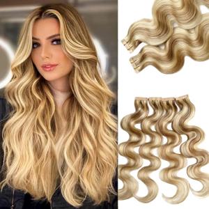 Body Wave Tape in Extensions Human Hair Seamless Hair Extensions Tape in Dark Ash Blonde Highlighted with Light Blonde 14 Inch 20pcs 30g Body Wave Seamless Skin Weft Tape ins (#16P22 BW)