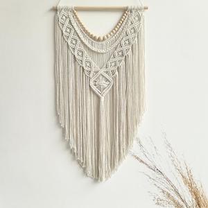 Guzhiou Macrame Wall Hanging Boho Geometric Woven Tapestry Cotton Handmade Bohemian Art Decor with Wood Bead Wall Decor for Bedroom Living Room Apartment Nursery 31.5" L x 17" W(Wood bead-A)