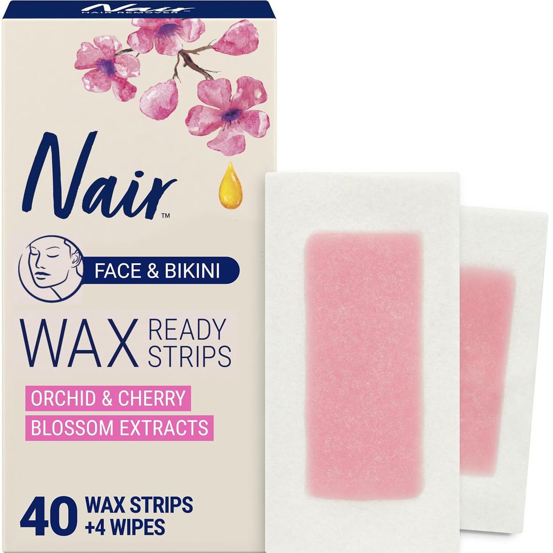Nair Hair Remover Wax Ready Strips, Face and Bikini Hair Removal Wax Strips, Orchid and Cherry Blossom Extracts, Dermatologist Tested, Plus 4 NonFlushable Post Wipes, 40 Count