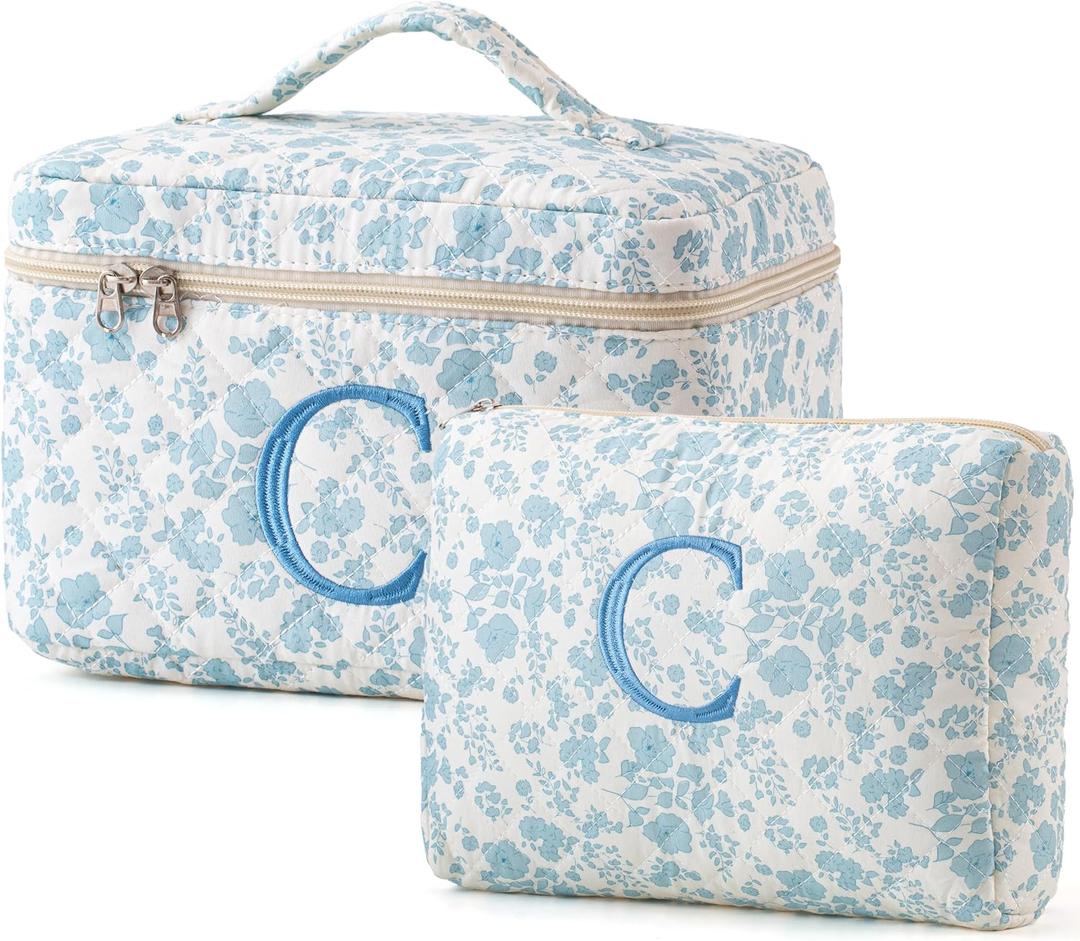 HBselect 2Pcs Blueflower Initial Makeup Bag Personalized Quilted Cosmetic Bag, Style: C