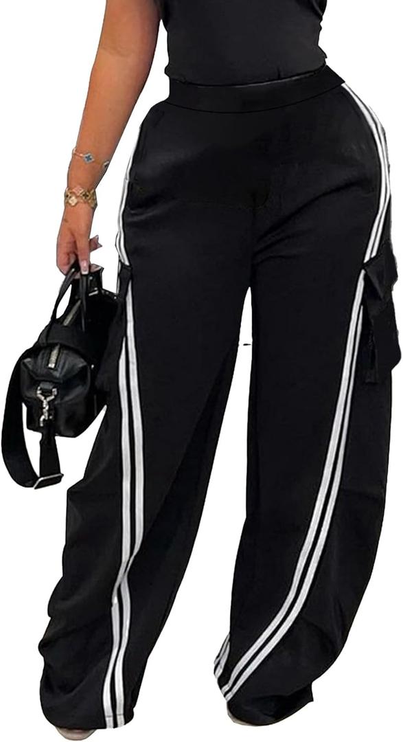 HuiSiFang Women's Striped Pants Casual High Waisted Straight Leg Baggy Pants Cargo Wide Leg Sweatpants (Large, Black)