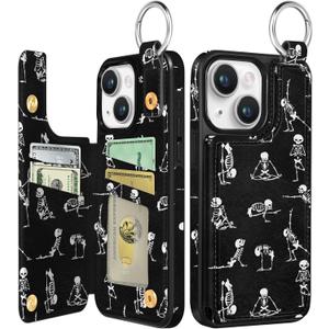 Shorogyt for iPhone 13 Wallet Case with Card Holder, Designer Skeleton Pattern Kickstand Magnetic Clasp Back Flip Folio Leather Phone Cases for iPhone 13 for Women Men Girls (16-Black Yoga Skeleton)